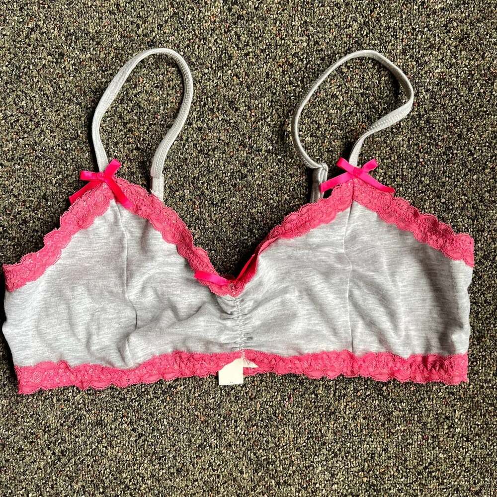 Playboy x Missguided Bralette Grey w/ Pink Lace Bow Trim Size XL